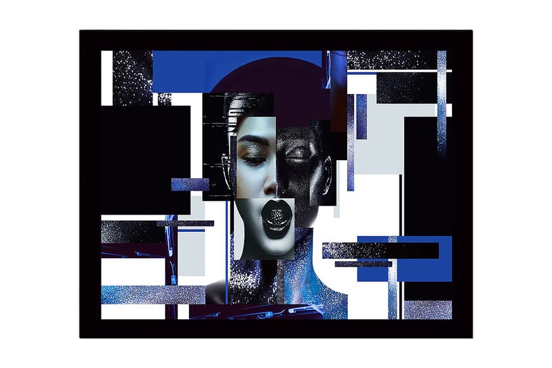 Innrammet lerret i tre - 41x56 cm - Abstrakt portrett av en kvinne med geometriske former og sterke kontraster, Mørk blå / Svart / Hvit