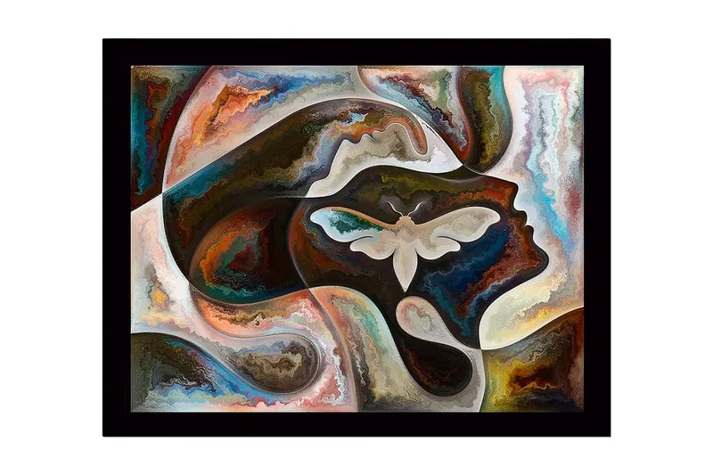 Innrammet lerret i tre - 41x56 cm - Abstrakt portrett med en sommerfugl i fokus, Mørk brun / Beige / Turkis