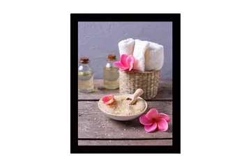 Innrammet lerret i tre - 41x56 cm - Avslappende spa-arrangement med blomster og skjønnhetsprodukter - Rosa / Beige / Grønn - Interiør - Maleri & posters - Lerretsbilder