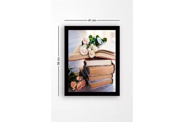 Innrammet lerret i tre - 41x56 cm - Bøker med roser i en harmonisk komposisjon - Lys rosa / Beige / Brun - Interiør - Maleri & posters - Lerretsbilder