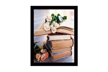 Innrammet lerret i tre - 41x56 cm - Bøker med roser i en harmonisk komposisjon - Lys rosa / Beige / Brun - Interiør - Maleri & posters - Lerretsbilder