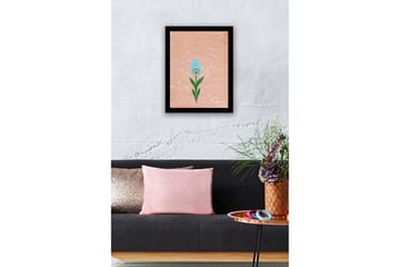 Innrammet lerret i tre - 41x56 cm - Blomst med blå kronblader og grønn stilk - Blå / Grønn / Rosa - Interiør - Maleri & posters - Lerretsbilder