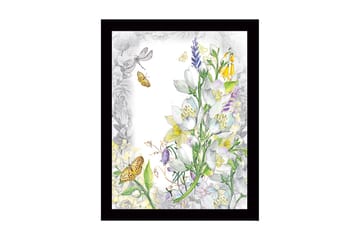 Innrammet lerret i tre - 41x56 cm - Blomsterkomposisjon med sommerfugler og insekter - Hvit / Gul / Grønn - Interiør - Maleri & posters - Lerretsbilder