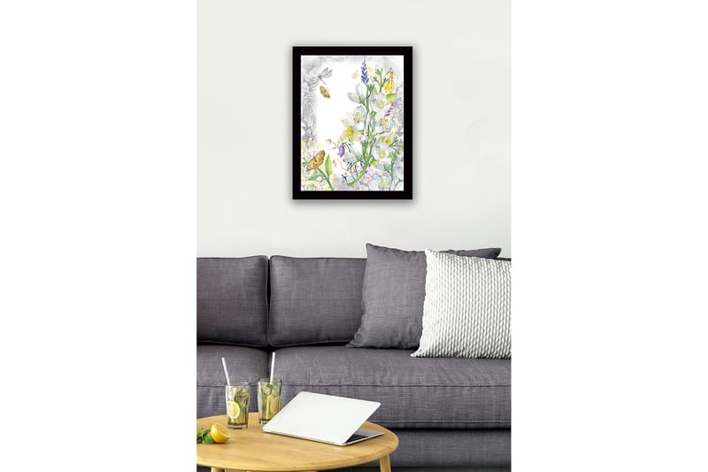 Innrammet lerret i tre - 41x56 cm - Blomsterkomposisjon med sommerfugler og insekter - Hvit / Gul / Grønn - Interiør - Maleri & posters - Lerretsbilder