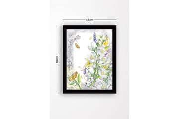 Innrammet lerret i tre - 41x56 cm - Blomsterkomposisjon med sommerfugler og insekter - Hvit / Gul / Grønn - Interiør - Maleri & posters - Lerretsbilder