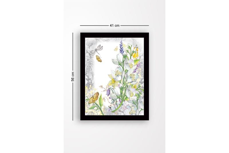 Innrammet lerret i tre - 41x56 cm - Blomsterkomposisjon med sommerfugler og insekter - Hvit / Gul / Grønn - Interiør - Maleri & posters - Lerretsbilder