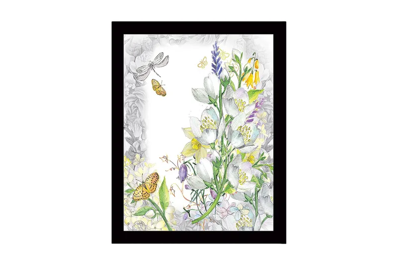 Innrammet lerret i tre - 41x56 cm - Blomsterkomposisjon med sommerfugler og insekter, Hvit / Gul / Grønn