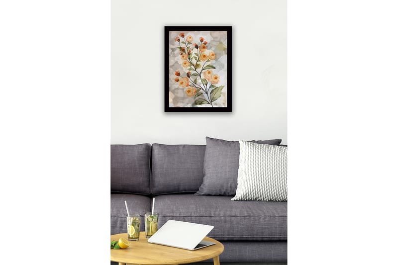 Innrammet lerret i tre - 41x56 cm - Blomsteroppsats med roser i myke nyanser - Lys oransje / Grønn / Beige - Interiør - Maleri & posters - Lerretsbilder