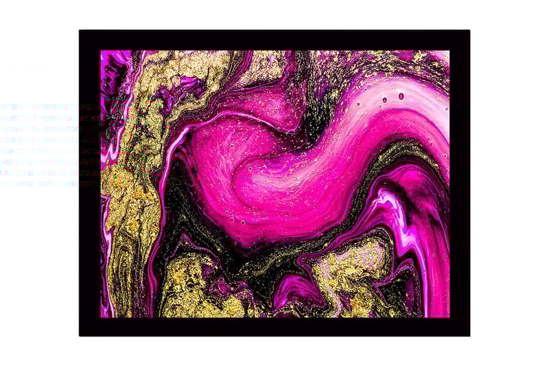 Innrammet lerret i tre - 41x56 cm - Dynamisk abstrakt komposisjon med rosa og gullelementer, Rosa / Gull / Svart