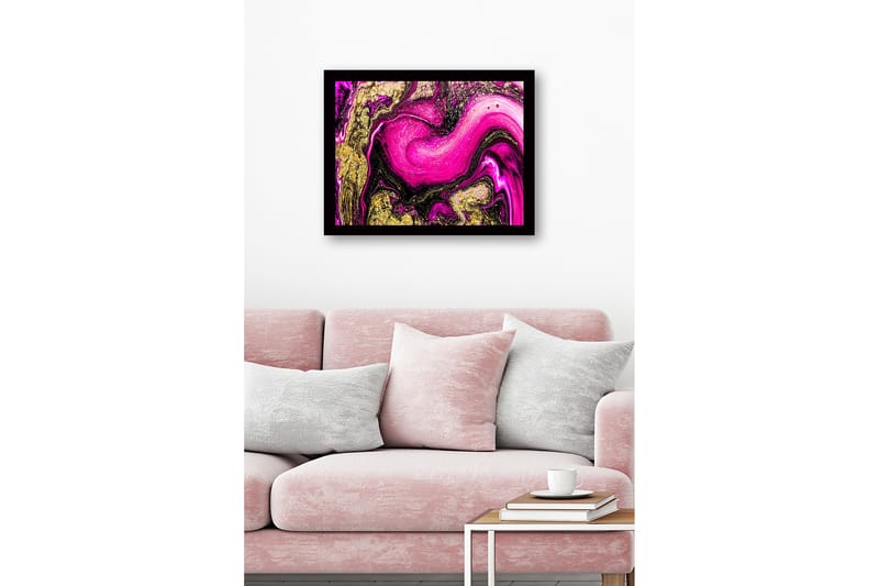 Innrammet lerret i tre - 41x56 cm - Dynamisk abstrakt komposisjon med rosa og gullelementer - Rosa / Gull / Svart - Interiør - Maleri & posters - Lerretsbilder