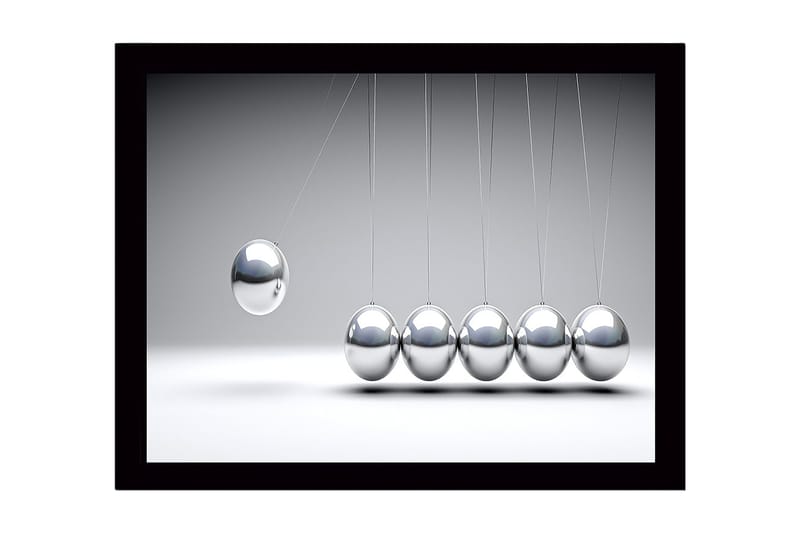 Innrammet lerret i tre - 41x56 cm - Dynamisk komposisjon med hengende metallkuler i bevegelse, Sølv / Grå