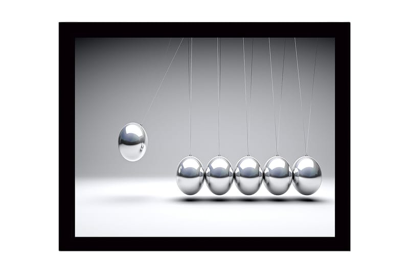 Innrammet lerret i tre - 41x56 cm - Dynamisk komposisjon med hengende metallkuler i bevegelse, Sølv / Grå