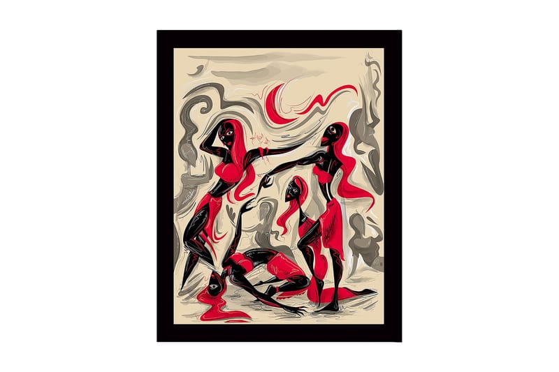 Innrammet lerret i tre - 41x56 cm - Dynamisk komposisjon med tre figurer i bevegelse, Rød / Svart / Beige
