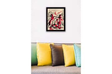 Innrammet lerret i tre - 41x56 cm - Dynamisk komposisjon med tre figurer i bevegelse - Rød / Svart / Beige - Interiør - Maleri & posters - Lerretsbilder