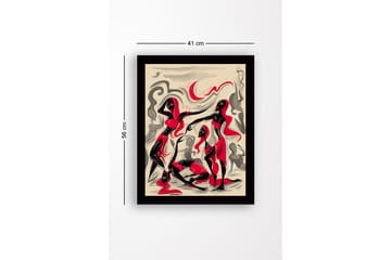Innrammet lerret i tre - 41x56 cm - Dynamisk komposisjon med tre figurer i bevegelse - Rød / Svart / Beige - Interiør - Maleri & posters - Lerretsbilder