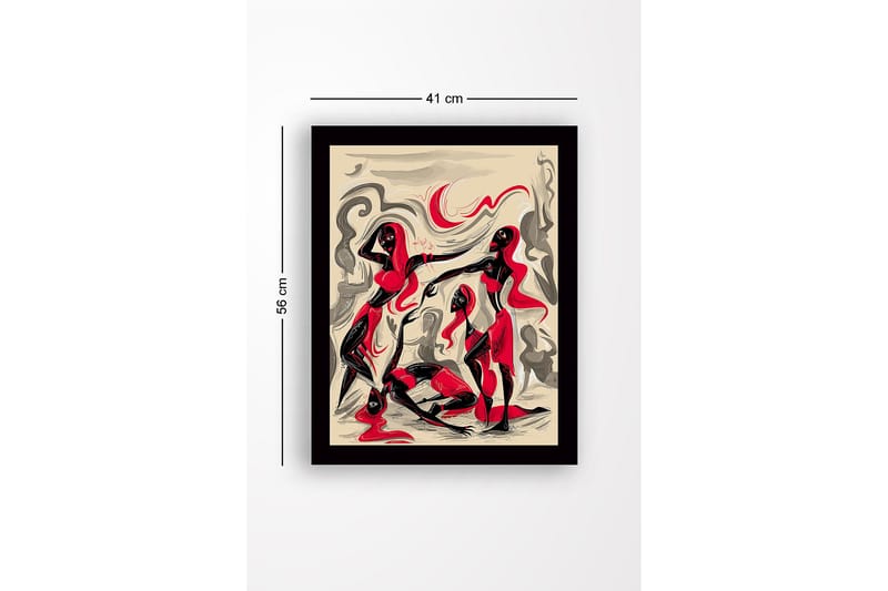 Innrammet lerret i tre - 41x56 cm - Dynamisk komposisjon med tre figurer i bevegelse - Rød / Svart / Beige - Interiør - Maleri & posters - Lerretsbilder
