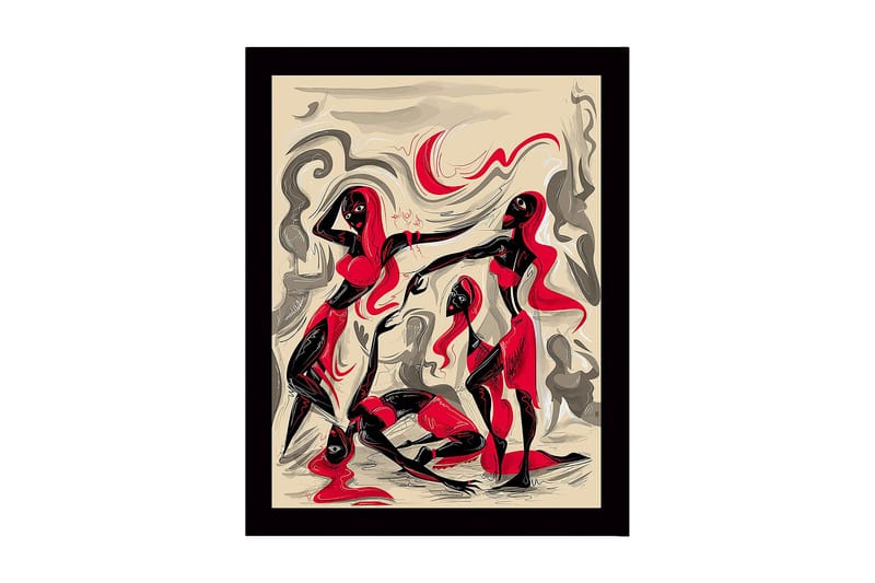 Innrammet lerret i tre - 41x56 cm - Dynamisk komposisjon med tre figurer i bevegelse, Rød / Svart / Beige