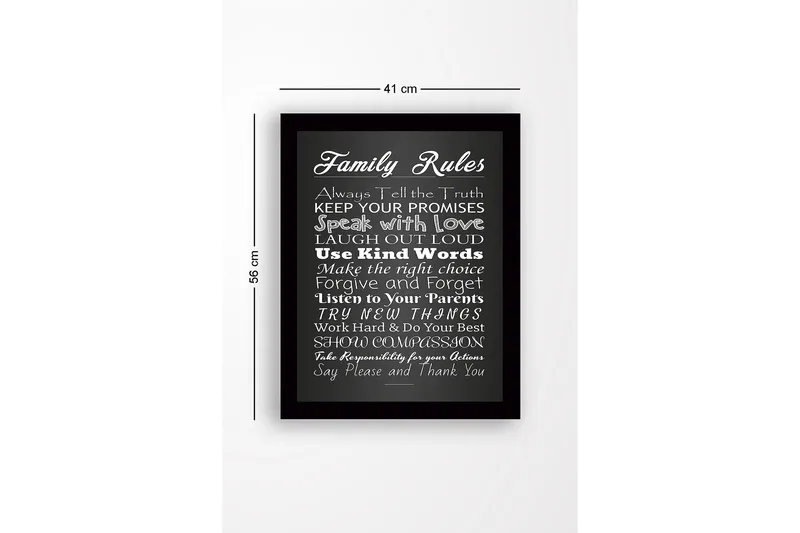 Innrammet lerret i tre - 41x56 cm - Familieregler med inspirerende budskap - Hvit / Svart - Interiør - Maleri & posters - Lerretsbilder