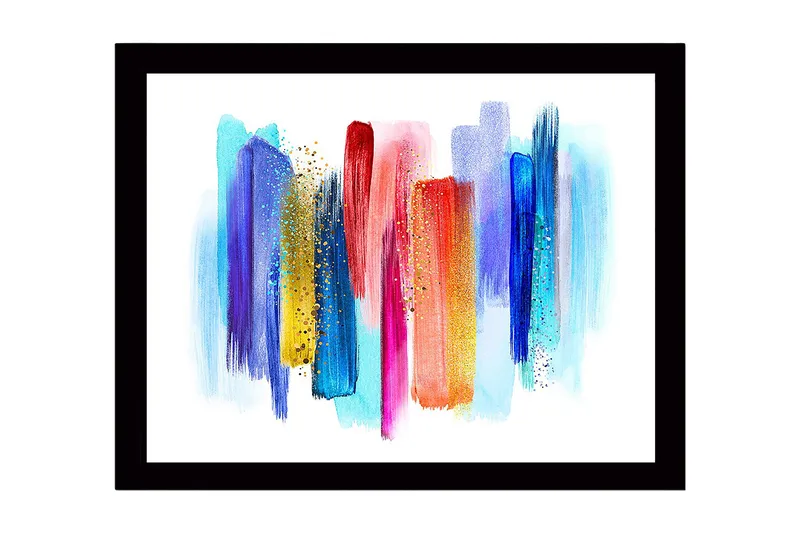 Innrammet lerret i tre - 41x56 cm - Fargerik abstrakt komposisjon med vertikale penselstrøk, Blå / Rød / Gul