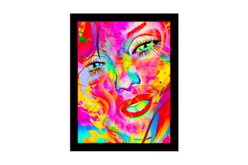 Innrammet lerret i tre - 41x56 cm - Fargerik ansiktsportrett med abstrakte elementer - Rosa / Gul / Grønn - Interiør - Maleri & posters - Lerretsbilder