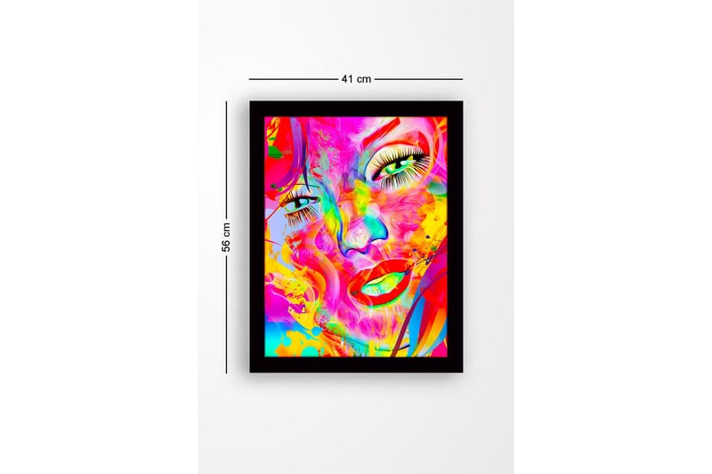 Innrammet lerret i tre - 41x56 cm - Fargerik ansiktsportrett med abstrakte elementer - Rosa / Gul / Grønn - Interiør - Maleri & posters - Lerretsbilder