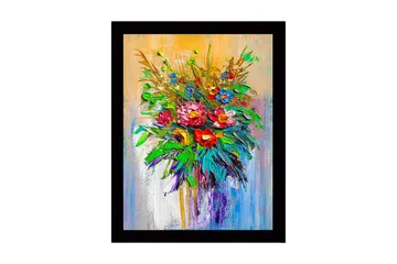 Innrammet lerret i tre - 41x56 cm - Fargerik blomsterbukett - Grønn / Rød / Blå - Interiør - Maleri & posters - Lerretsbilder