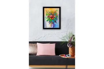 Innrammet lerret i tre - 41x56 cm - Fargerik blomsterbukett - Grønn / Rød / Blå - Interiør - Maleri & posters - Lerretsbilder