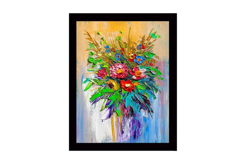 Innrammet lerret i tre - 41x56 cm - Fargerik blomsterbukett, Grønn / Rød / Blå