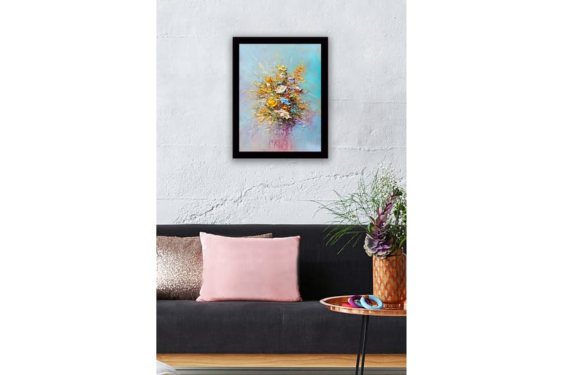 Innrammet lerret i tre - 41x56 cm - Fargerik blomsterbukett - Gul / Oransje / Lilla - Interiør - Maleri & posters - Lerretsbilder