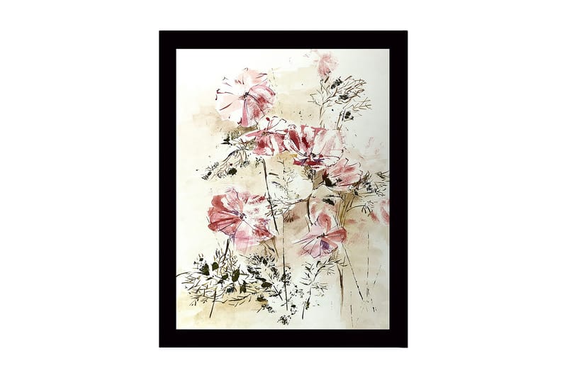 Innrammet lerret i tre - 41x56 cm - Fargerik blomsterbukett, Rosa / Grønn / Beige