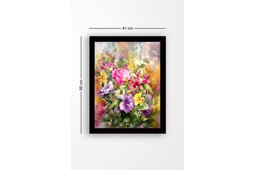 Innrammet lerret i tre - 41x56 cm - Fargerik blomsterbukett - Rosa / Lilla / Gul - Interiør - Maleri & posters - Lerretsbilder