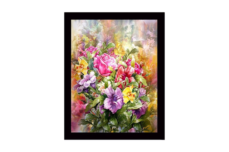 Innrammet lerret i tre - 41x56 cm - Fargerik blomsterbukett, Rosa / Lilla / Gul