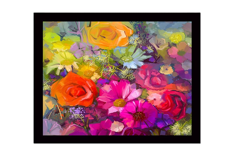 Innrammet lerret i tre - 41x56 cm - Fargerik blomsterbukett, Rosa / Oransje / Lilla