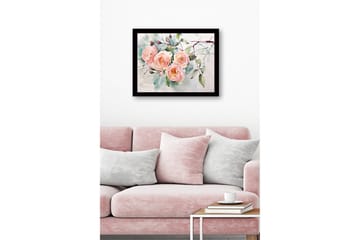 Innrammet lerret i tre - 41x56 cm - Fargerik bukett med roser - Lys rosa / Grønn / Mørk grønn - Interiør - Maleri & posters - Lerretsbilder