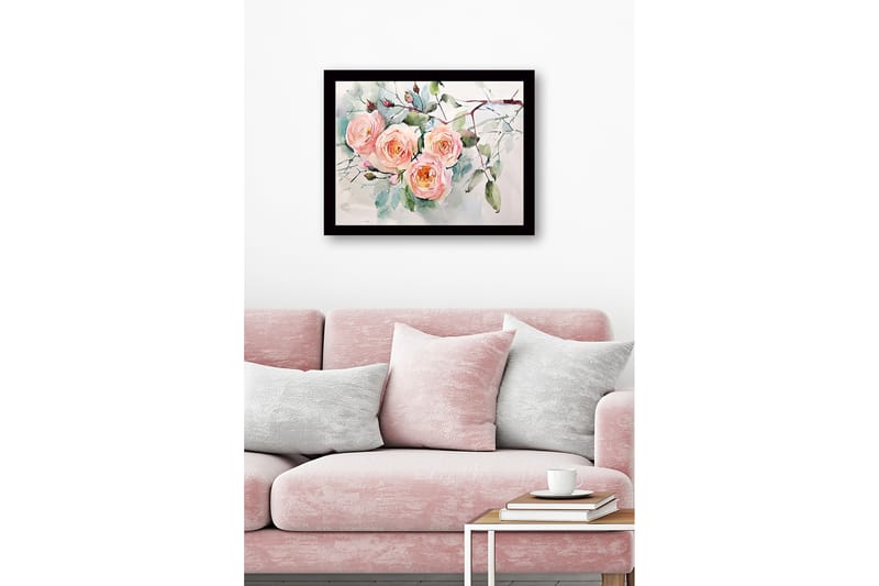 Innrammet lerret i tre - 41x56 cm - Fargerik bukett med roser - Lys rosa / Grønn / Mørk grønn - Interiør - Maleri & posters - Lerretsbilder