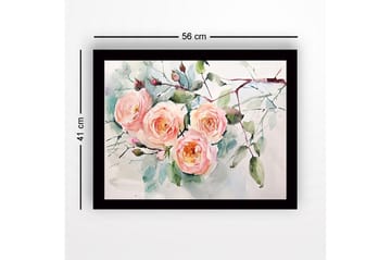 Innrammet lerret i tre - 41x56 cm - Fargerik bukett med roser - Lys rosa / Grønn / Mørk grønn - Interiør - Maleri & posters - Lerretsbilder