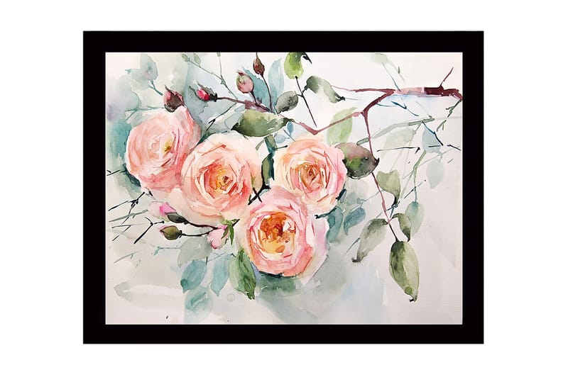 Innrammet lerret i tre - 41x56 cm - Fargerik bukett med roser, Lys rosa / Grønn / Mørk grønn