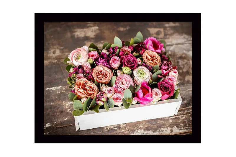 Innrammet lerret i tre - 41x56 cm - Fargerik bukett med roser og grønne blader, Rosa / Lilla / Grønn