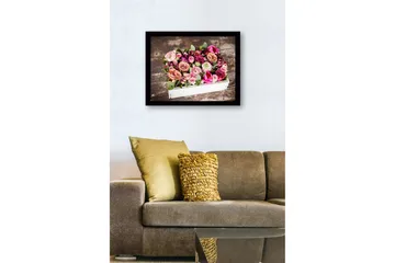 Innrammet lerret i tre - 41x56 cm - Fargerik bukett med roser og grønne blader - Rosa / Lilla / Grønn - Interiør - Maleri & posters - Lerretsbilder