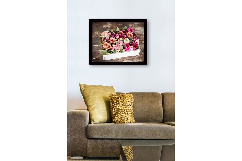 Innrammet lerret i tre - 41x56 cm - Fargerik bukett med roser og grønne blader - Rosa / Lilla / Grønn - Interiør - Maleri & posters - Lerretsbilder