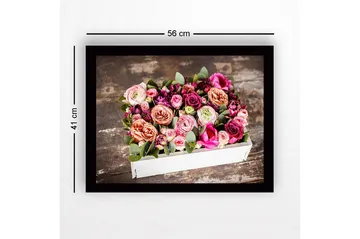 Innrammet lerret i tre - 41x56 cm - Fargerik bukett med roser og grønne blader - Rosa / Lilla / Grønn - Interiør - Maleri & posters - Lerretsbilder