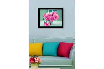 Innrammet lerret i tre - 41x56 cm - Fargerik bukett med roser - Rosa / Grønn / Hvit - Interiør - Maleri & posters - Lerretsbilder