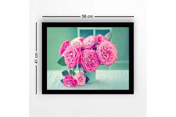 Innrammet lerret i tre - 41x56 cm - Fargerik bukett med roser - Rosa / Grønn / Hvit - Interiør - Maleri & posters - Lerretsbilder