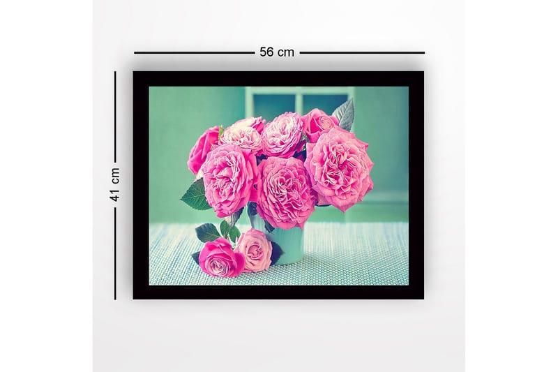 Innrammet lerret i tre - 41x56 cm - Fargerik bukett med roser - Rosa / Grønn / Hvit - Interiør - Maleri & posters - Lerretsbilder