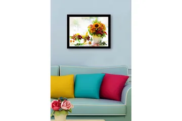 Innrammet lerret i tre - 41x56 cm - Fargerik bukett med solsikker og høstblomster - Gul / Rød / Grønn - Interiør - Maleri & posters - Lerretsbilder