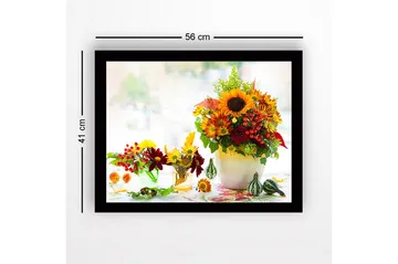 Innrammet lerret i tre - 41x56 cm - Fargerik bukett med solsikker og høstblomster - Gul / Rød / Grønn - Interiør - Maleri & posters - Lerretsbilder