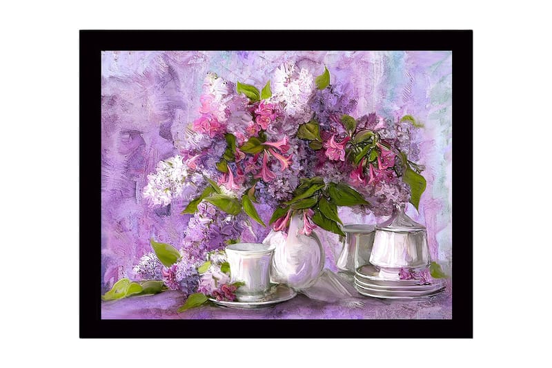 Innrammet lerret i tre - 41x56 cm - Fargerik bukett med syriner i en vakker komposisjon, Lilla / Rosa / Grønn