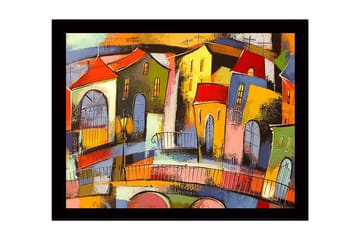 Innrammet lerret i tre - 41x56 cm - Fargerik bybilde med skråstilte hus og broer - Rød / Grønn / Gul - Interiør - Maleri & posters - Lerretsbilder