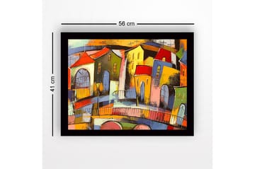 Innrammet lerret i tre - 41x56 cm - Fargerik bybilde med skråstilte hus og broer - Rød / Grønn / Gul - Interiør - Maleri & posters - Lerretsbilder