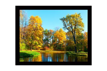 Innrammet lerret i tre - 41x56 cm - Fargerik høstskog ved en speilblank innsjø - Gyllenoransje / Grønn / Blå - Interiør - Maleri & posters - Lerretsbilder